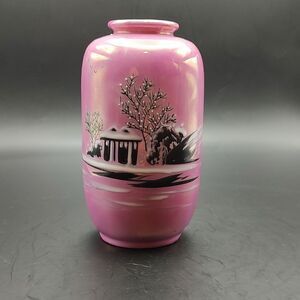 Nippon Hand Painted Pink Lusterware Vase Vintage Winter Scene Stamped